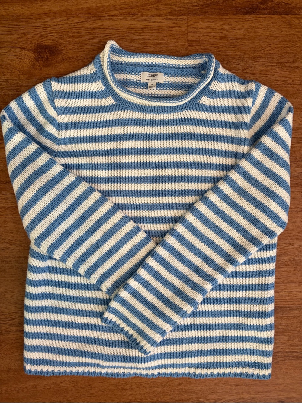 J. Crew Women’s Light Blue and White Striped Cotten Crewneck Sweater
